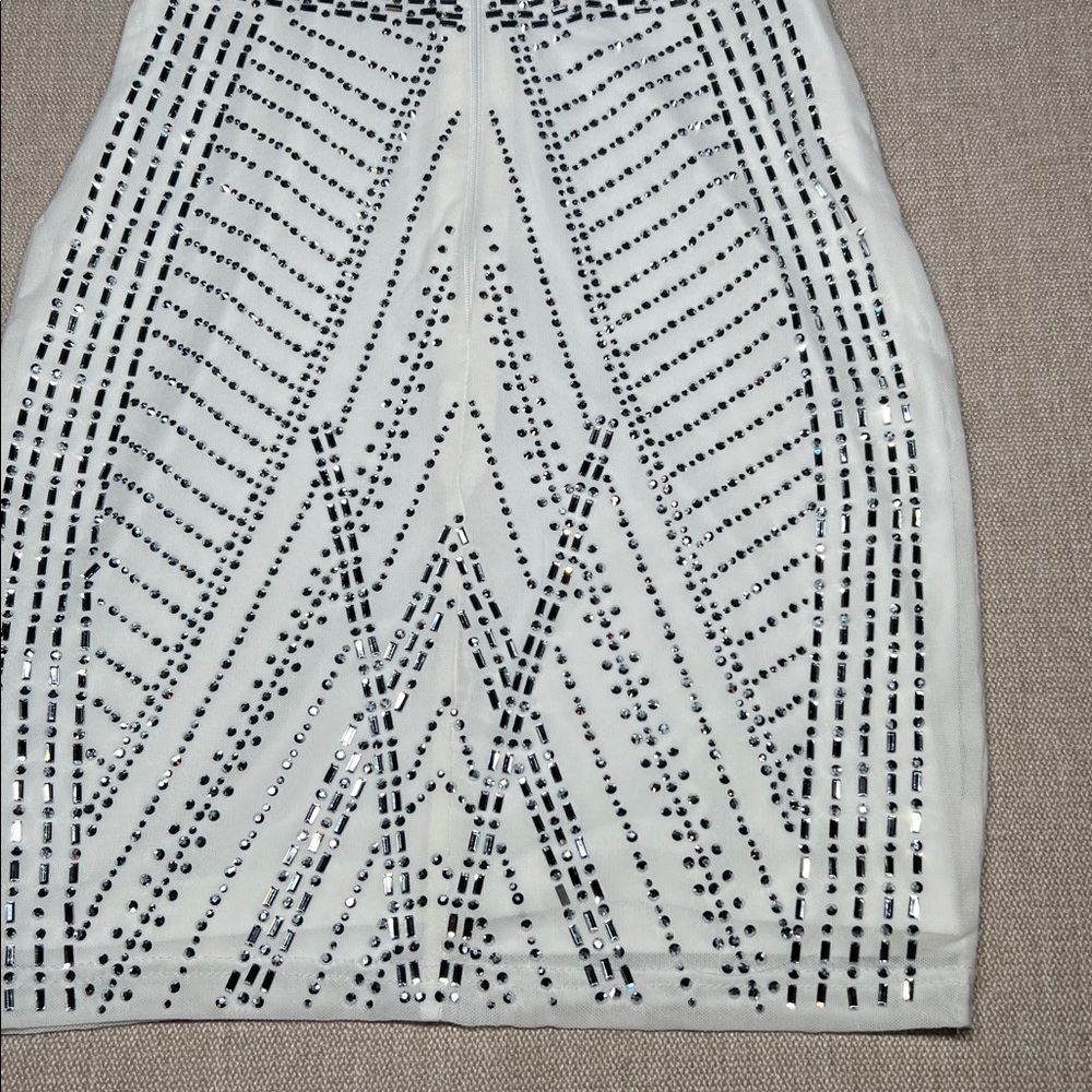 Elegant White Rhinestone Patterned Mini Dress - image 8